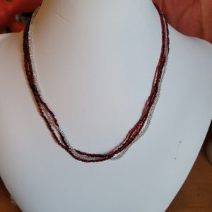 Vintage Handmade Red and Silver Multi-Strand Necklace w/ Silver Clasp.